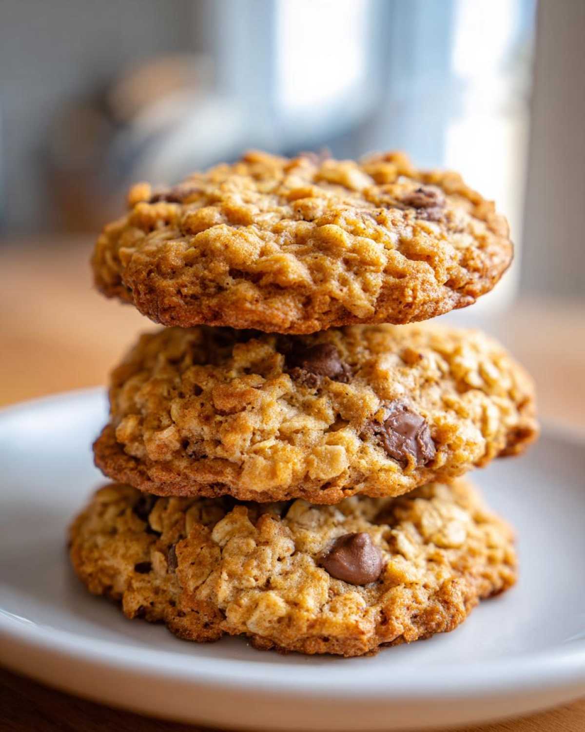 Three soft and chewy oatmeal cookie rounds stacked on a white plate, featuring visible chocolate chips.