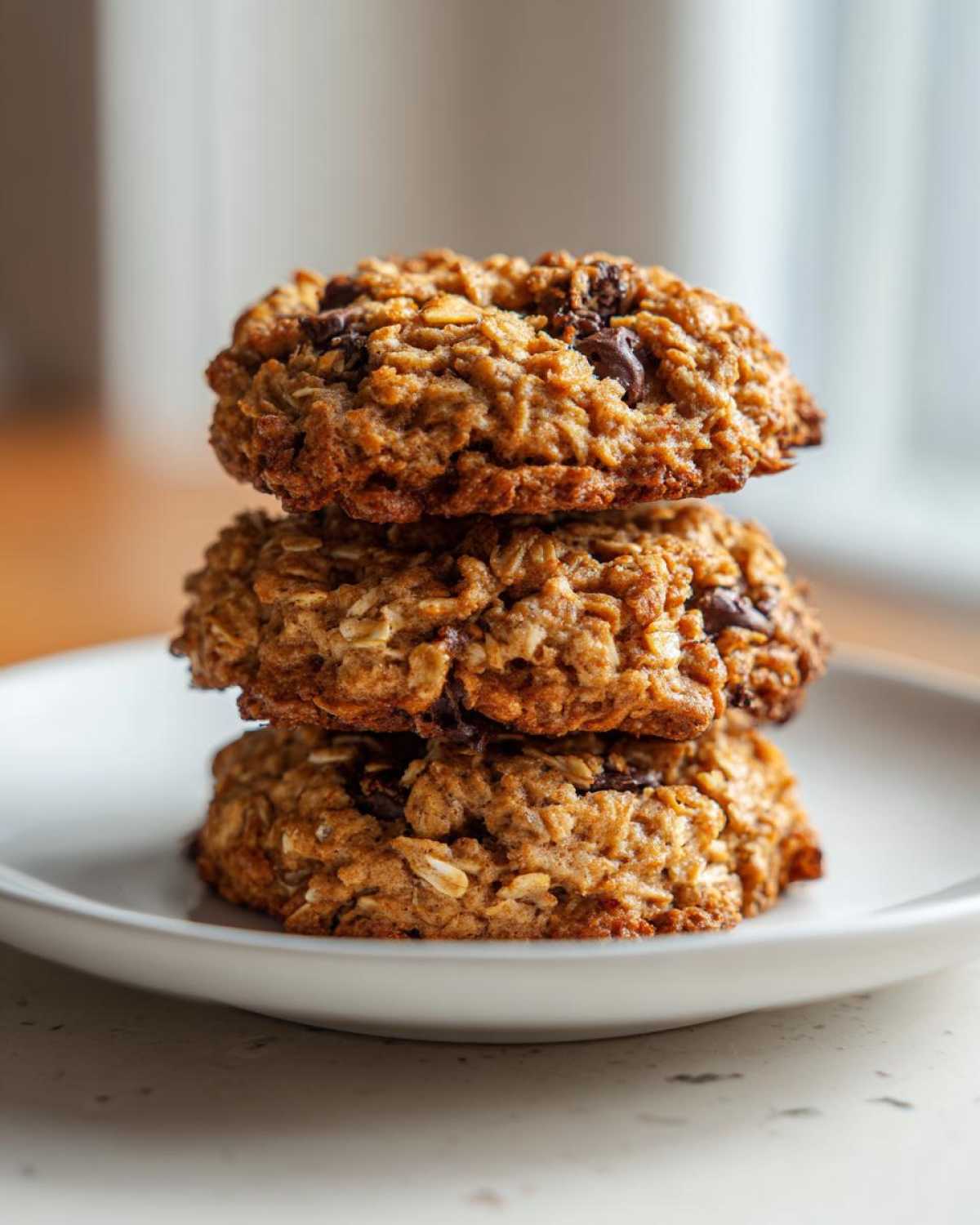 A stack of three soft chewy oatmeal cookie treats with visible oats and chocolate chips on a white plate.