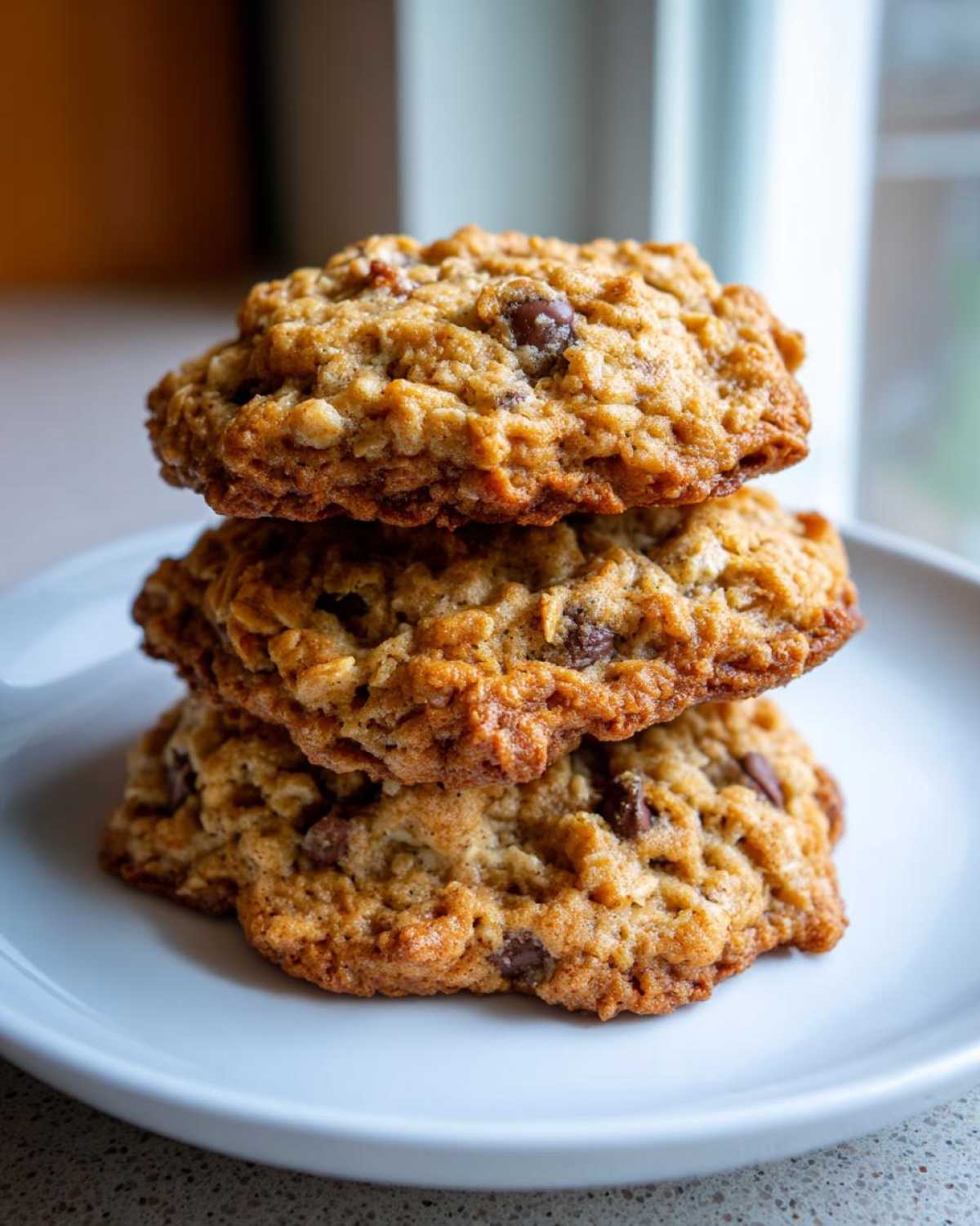 A stack of three soft, chewy oatmeal cookie treats with visible chocolate chips on a white plate.