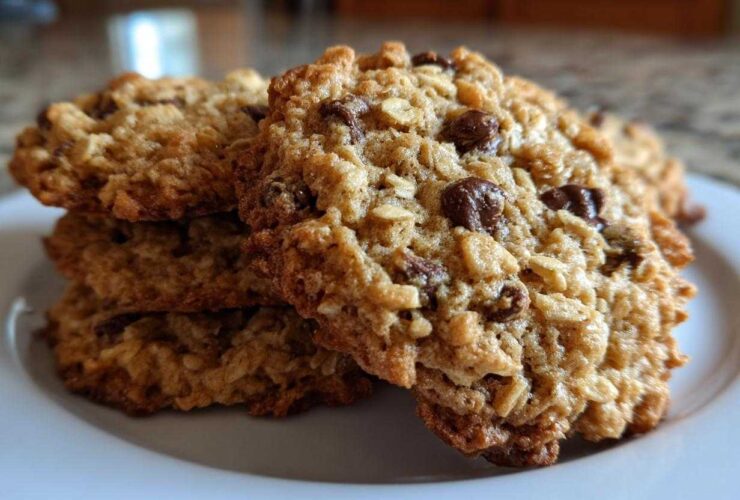 Close-up of three soft chewy oatmeal cookie stacked on a white plate with visible chocolate chips.