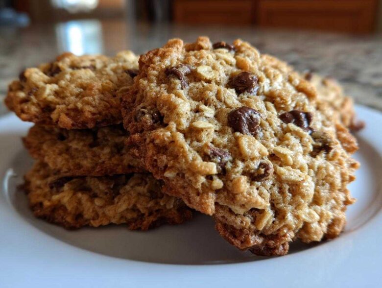 Close-up of three soft chewy oatmeal cookie stacked on a white plate with visible chocolate chips.