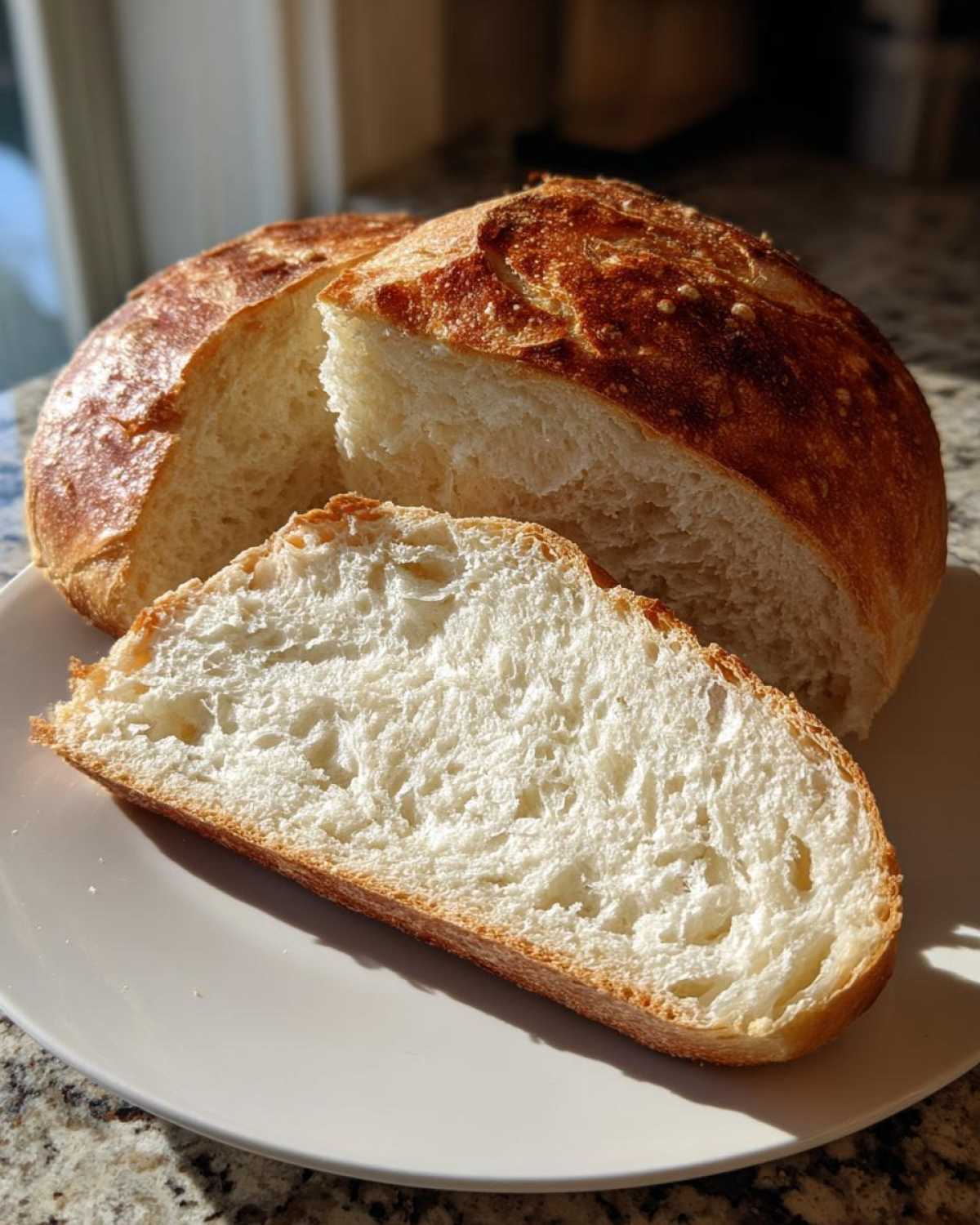 A slice of homemade french bread showing its soft, white interior crumb next to the whole loaf.