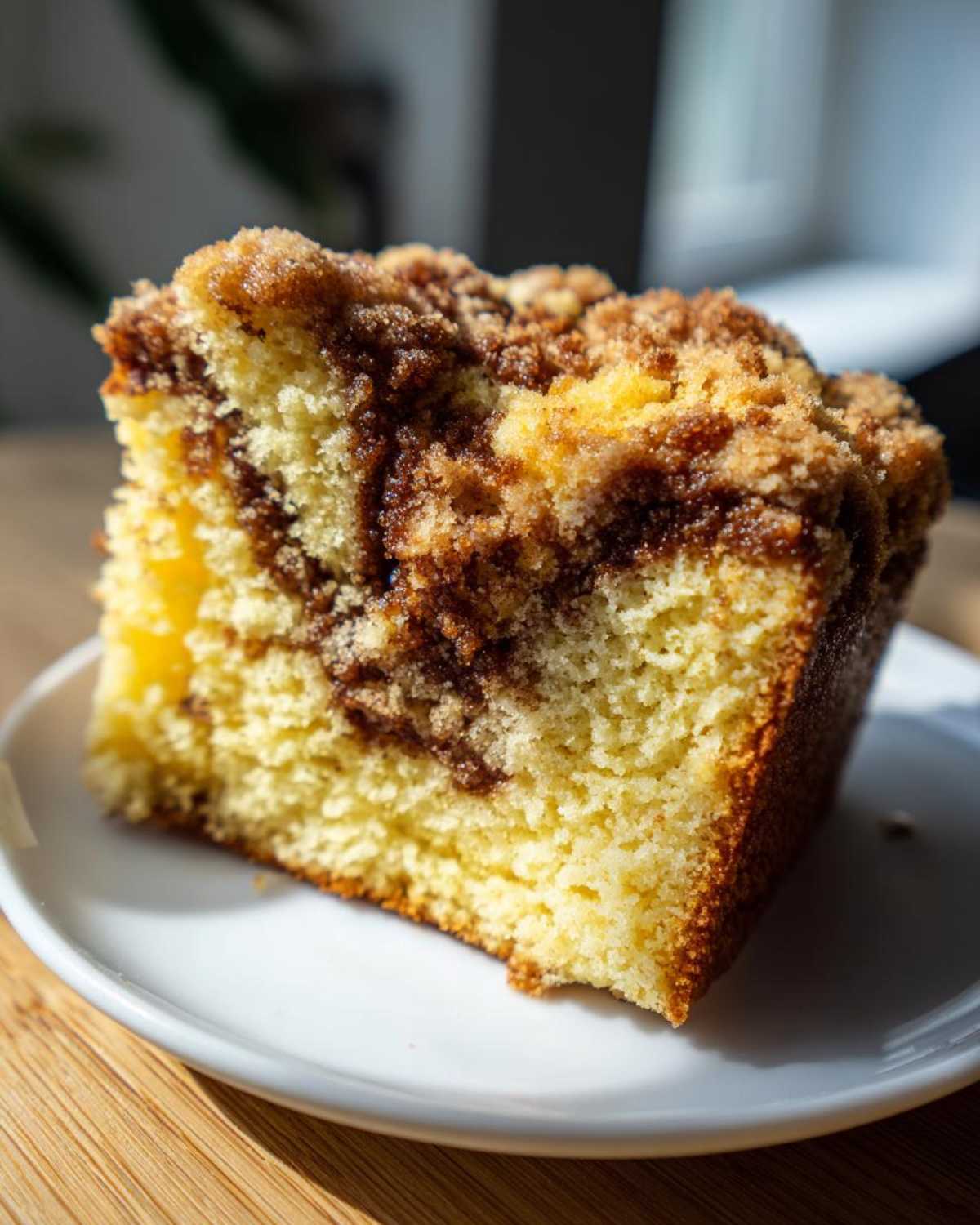 Close-up of a moist slice of sour cream coffee cake featuring a rich cinnamon swirl and crumb topping.