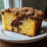 A close-up of a moist slice of sour cream coffee cake featuring a rich cinnamon swirl and crumb topping.