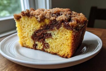 A close-up of a moist slice of sour cream coffee cake featuring a rich cinnamon swirl and crumb topping.