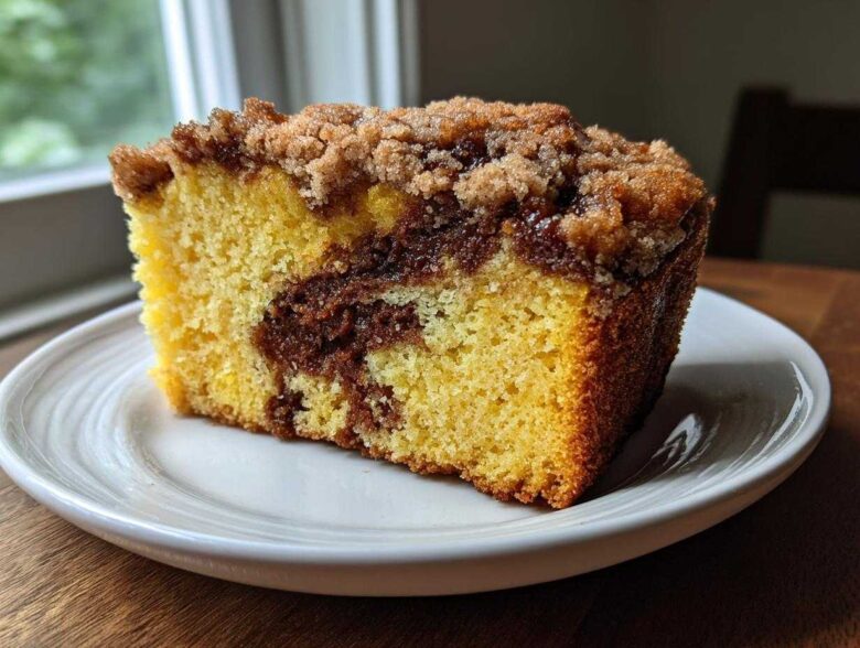 A close-up of a moist slice of sour cream coffee cake featuring a rich cinnamon swirl and crumb topping.