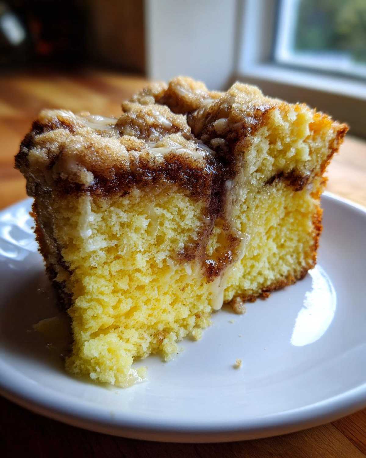 A close-up of a moist slice of sour cream coffee cake featuring a cinnamon swirl and drizzled with sweet glaze.