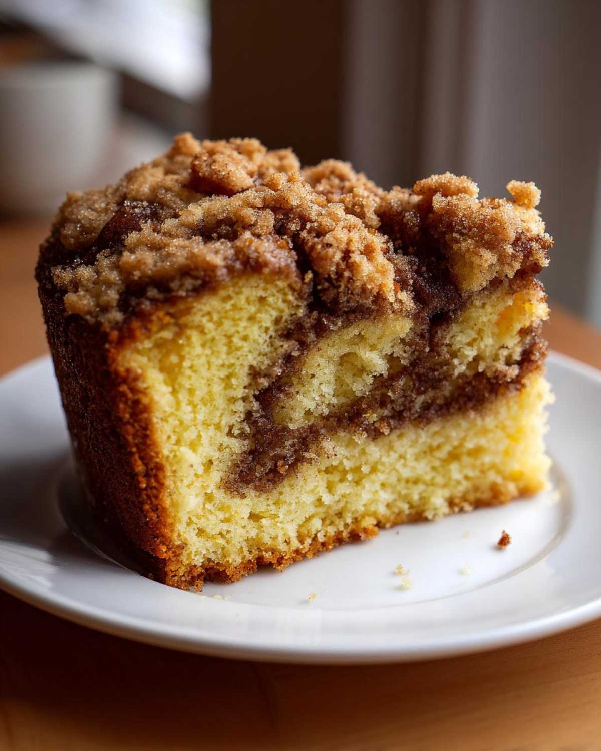 A close-up of a moist slice of sour cream coffee cake featuring a yellow cake base, cinnamon swirl, and thick brown sugar streusel topping.