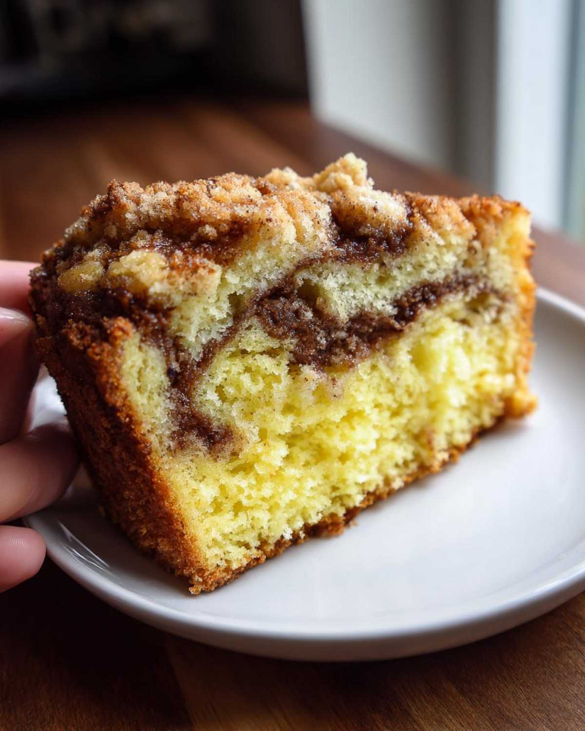 Close-up of a moist slice of sour cream coffee cake showing a rich cinnamon swirl and crumbly streusel topping.