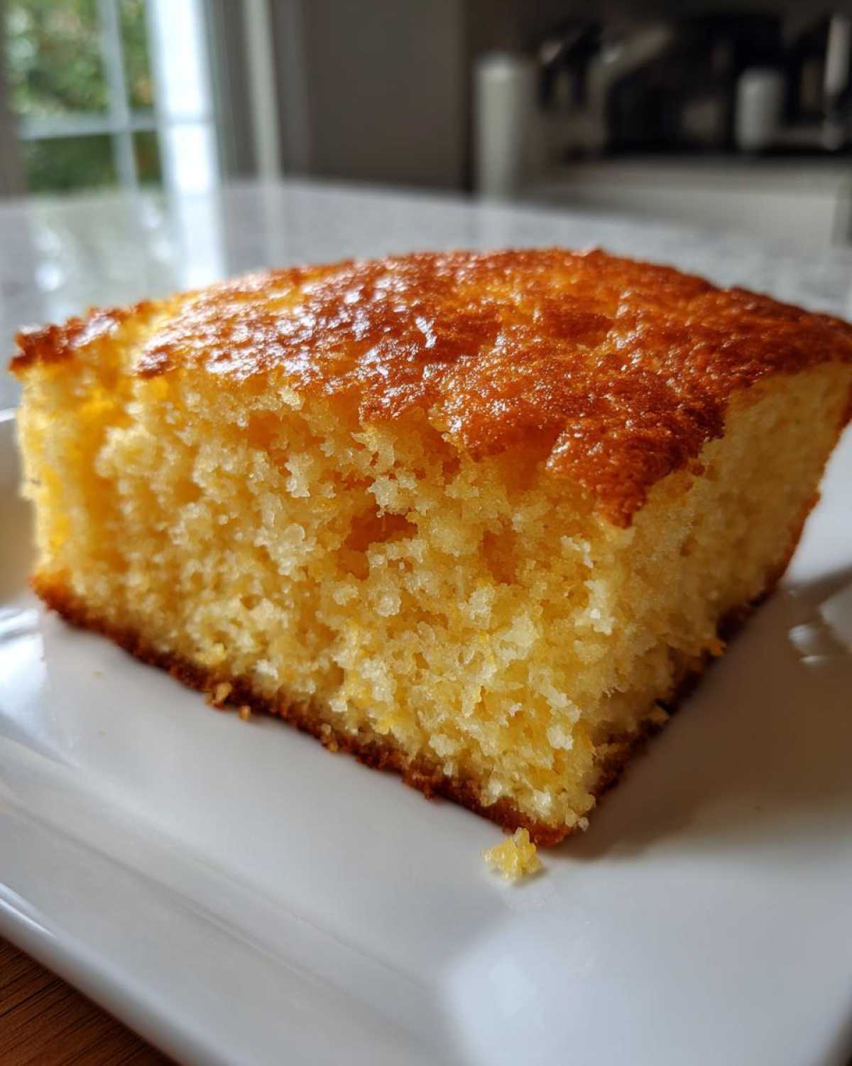 Close-up of a moist, golden slice of sourdough cornbread on a white plate.