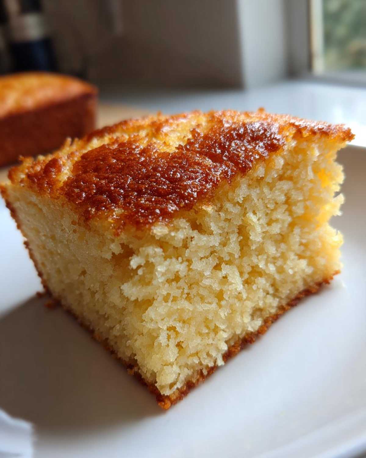 Close-up of a square slice of moist sourdough cornbread showing its crumb and caramelized golden-brown top.
