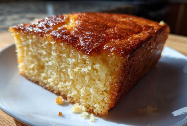 Close-up of a moist, golden slice of sourdough cornbread with a shiny, caramelized top served on a white plate.