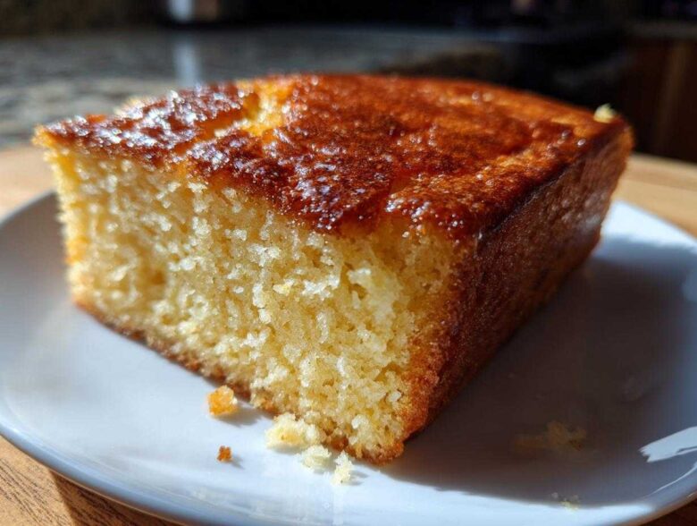 Close-up of a moist, golden slice of sourdough cornbread with a shiny, caramelized top served on a white plate.