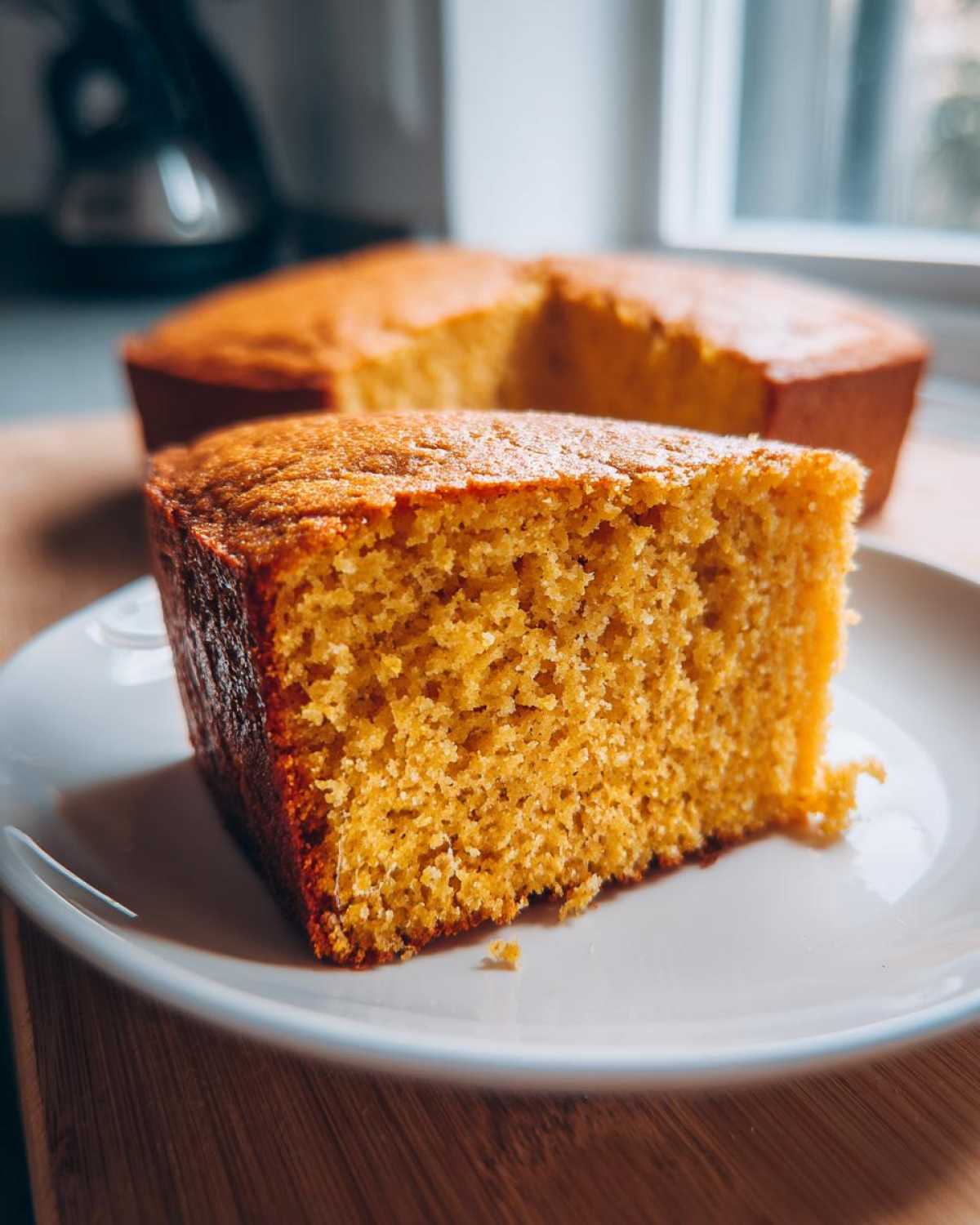 Close-up of a thick, moist slice of golden sourdough cornbread served on a white plate.