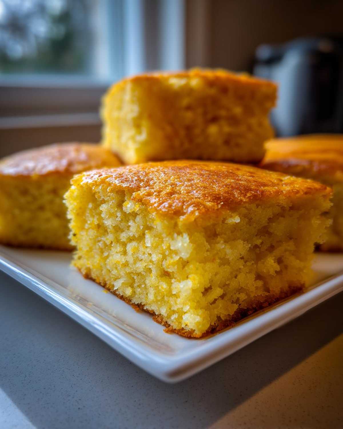 Close-up of golden, moist squares of sourdough cornbread stacked on a white plate.