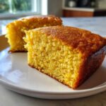 Two golden slices of moist sourdough cornbread resting on a white plate, showing a tender crumb texture.