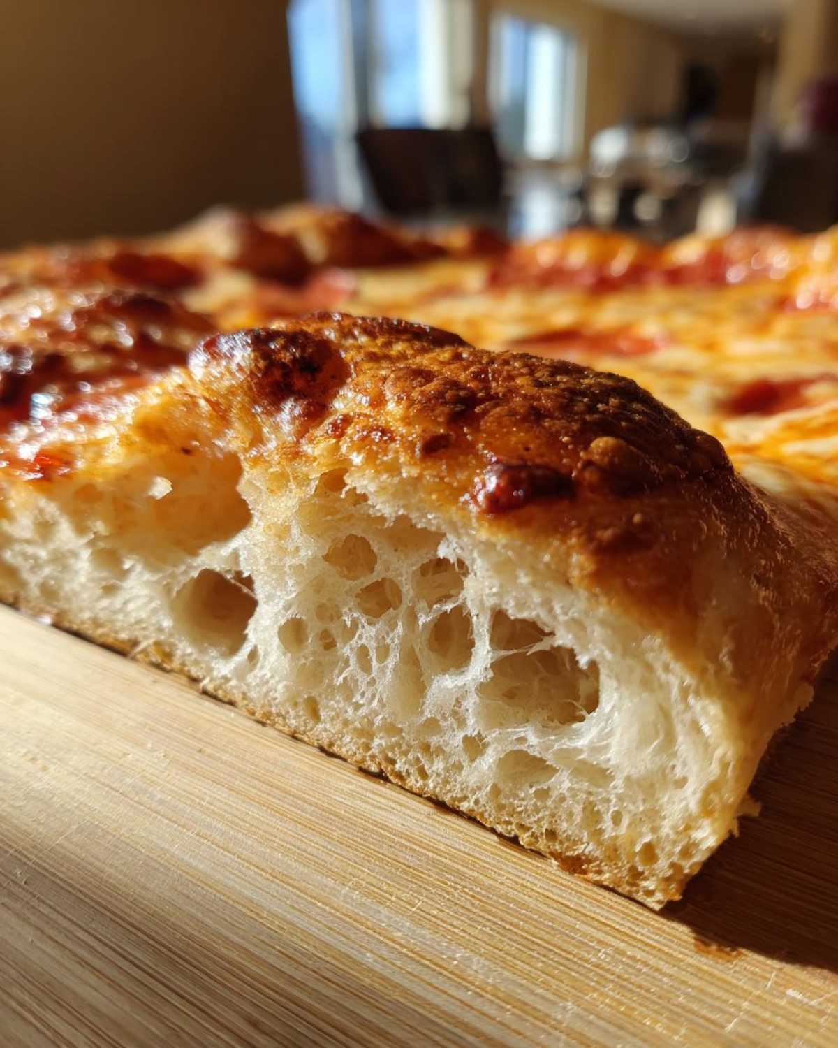 Close-up of the airy, open crumb structure of a pizza made with sourdough discard pizza dough.