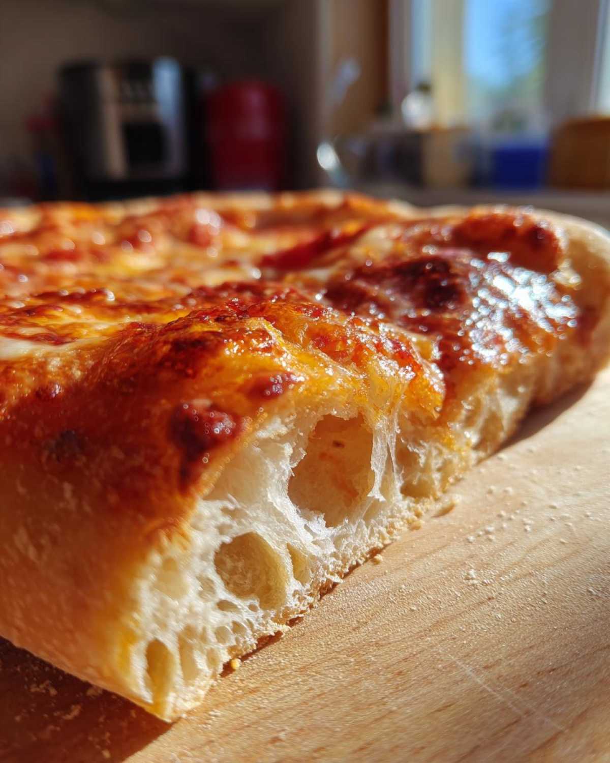 Close-up of a slice of pizza showing the airy, open crumb structure made from sourdough discard pizza dough.