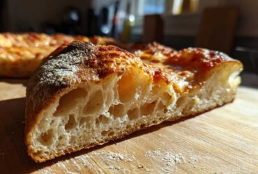 Close-up of a slice of pizza made with sourdough discard pizza dough, showing an airy, open crumb structure.