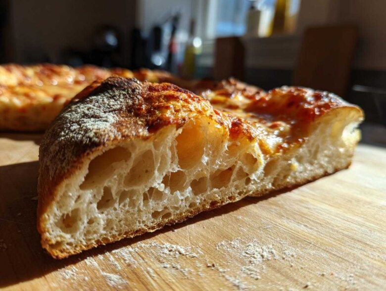 Close-up of a slice of pizza made with sourdough discard pizza dough, showing an airy, open crumb structure.