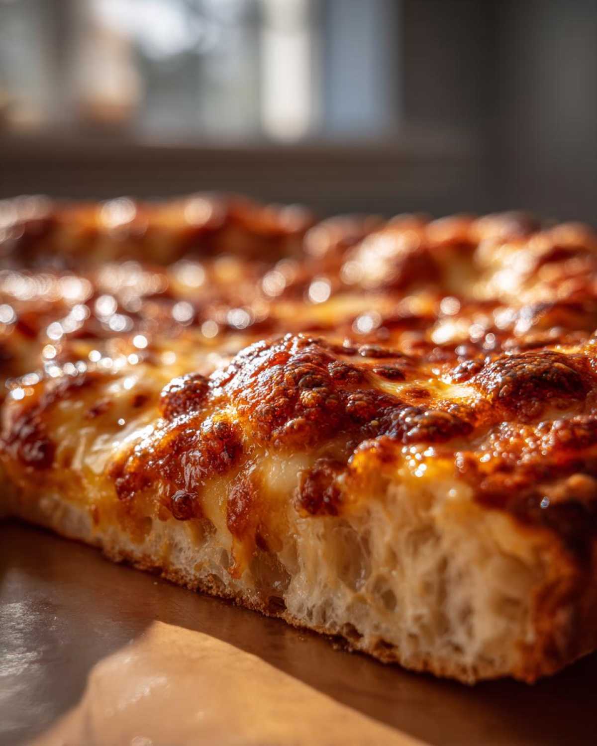 Macro shot showing the airy, bubbly interior crust of a baked pizza made with sourdough discard pizza dough.