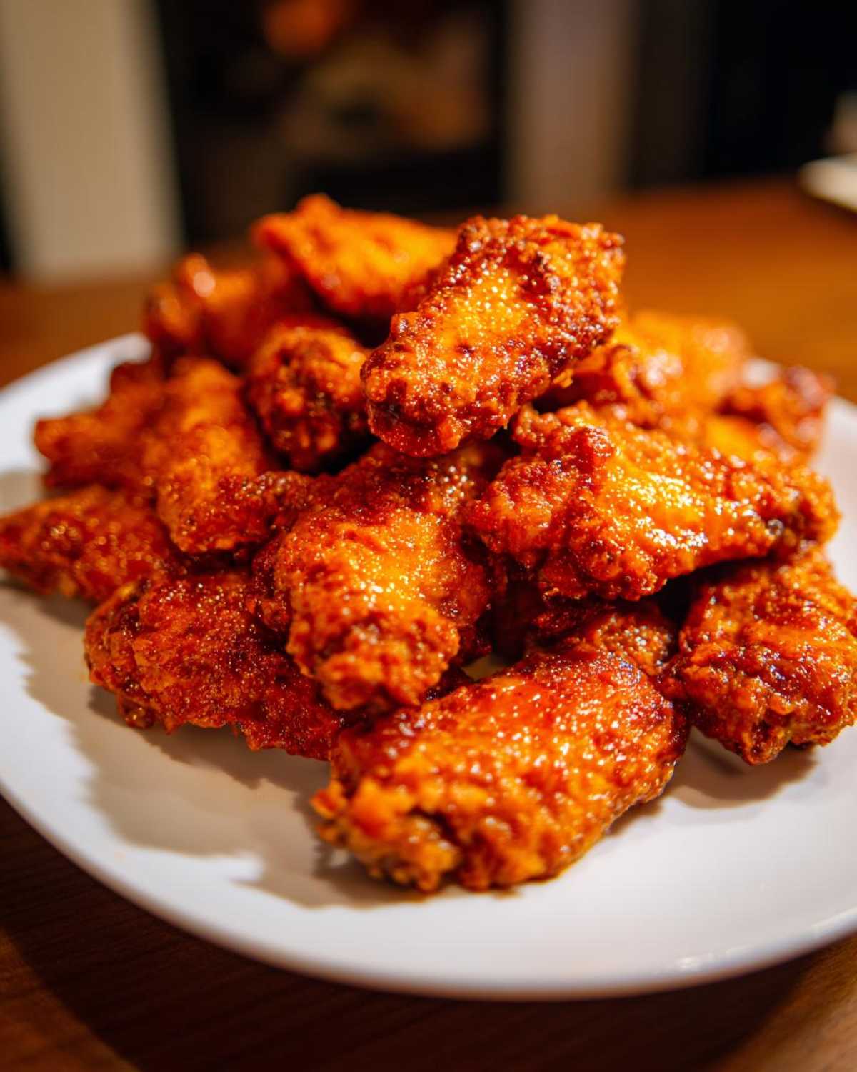 A close-up of a pile of glistening, saucy, red-orange chicken wings served on a white plate.