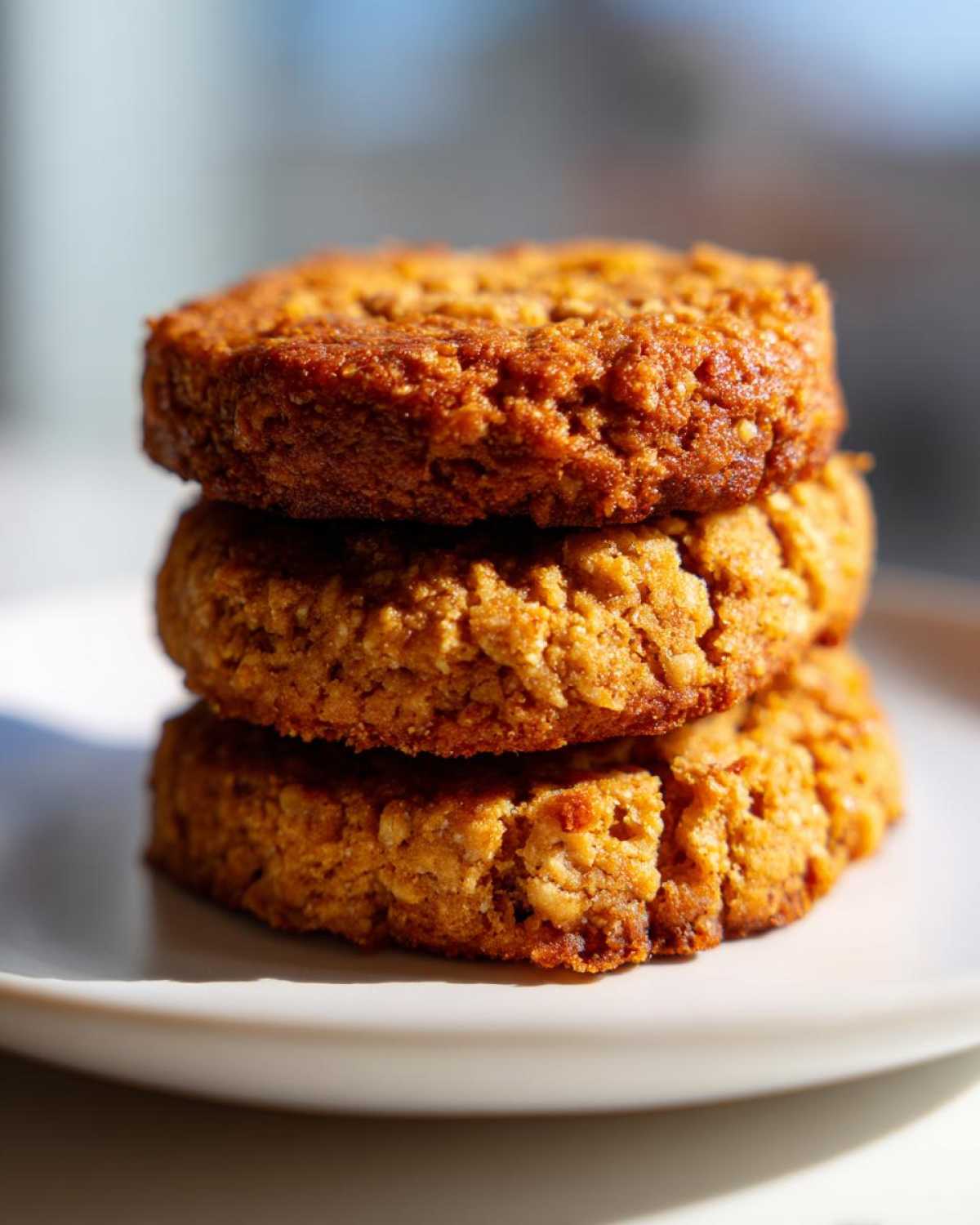 Close-up of three thick, golden brown breakfast cookie treats stacked on a white plate.