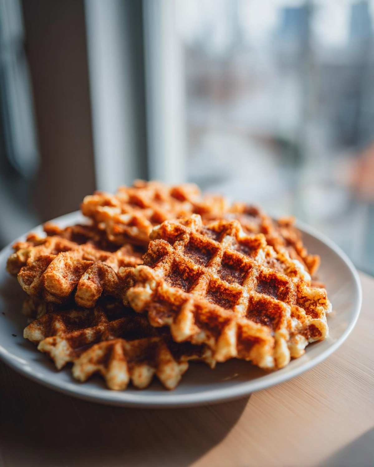 A stack of golden brown, textured high protein waffles dusted with cinnamon sugar on a white plate near a bright window.