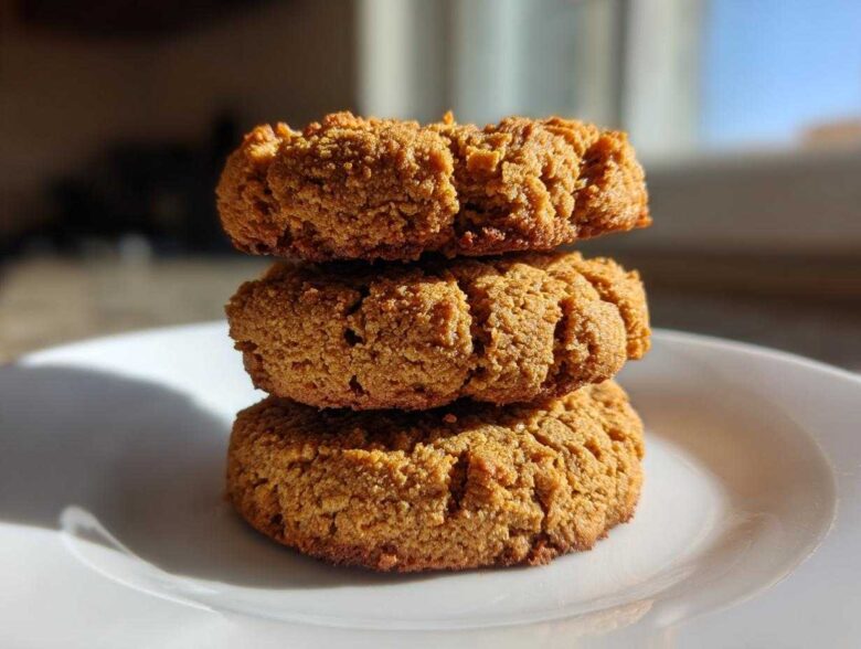 A stack of three golden brown, textured breakfast cookie treats sitting on a white plate.