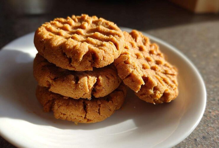 A stack of three golden brown peanut butter cookies with classic fork crosshatch marks, resting on a white plate.