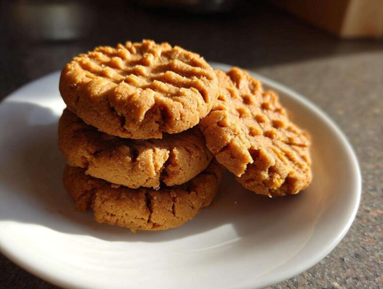 A stack of three golden brown peanut butter cookies with classic fork crosshatch marks, resting on a white plate.