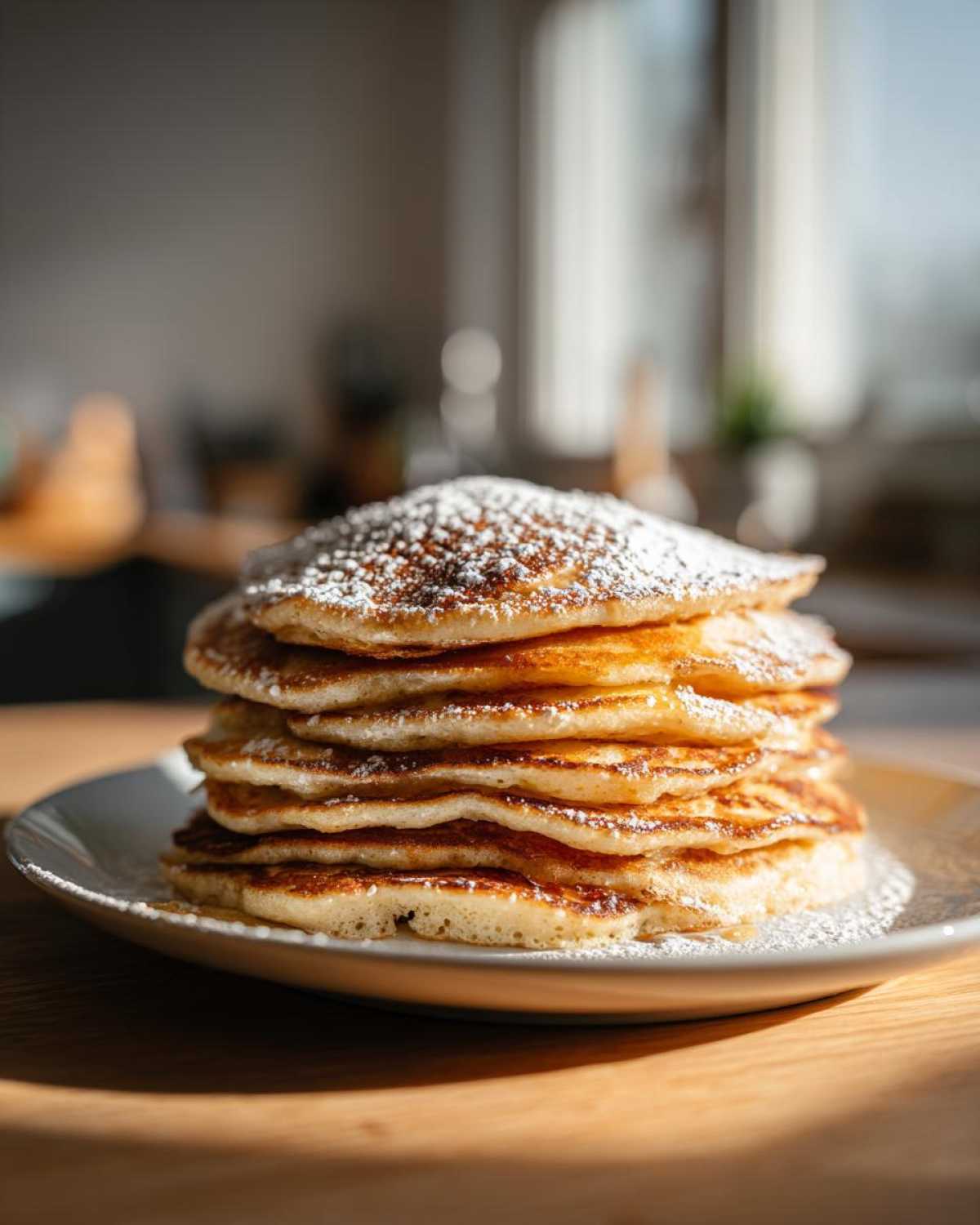 A tall stack of golden brown sourdough pancakes dusted generously with powdered sugar, served on a white plate.