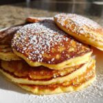 A close-up of a stack of golden brown sourdough pancakes dusted generously with white powdered sugar.