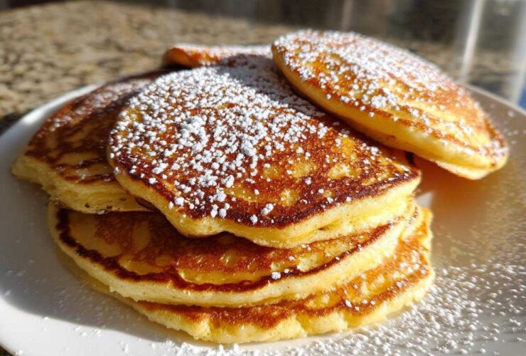 A close-up of a stack of golden brown sourdough pancakes dusted generously with white powdered sugar.