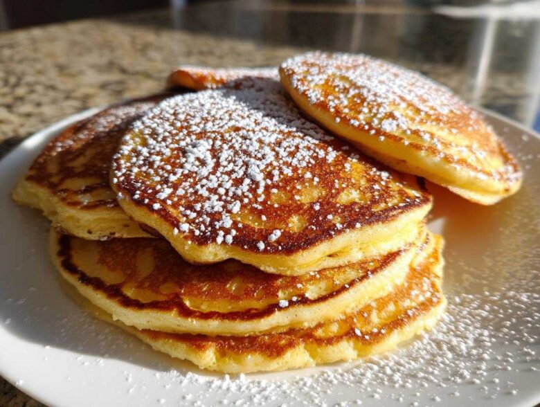 A close-up of a stack of golden brown sourdough pancakes dusted generously with white powdered sugar.