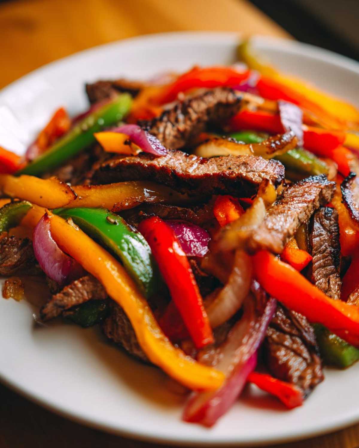 Close-up of perfectly cooked steak fajitas featuring sliced steak, red, yellow, and green bell peppers, and purple onions on a white plate.
