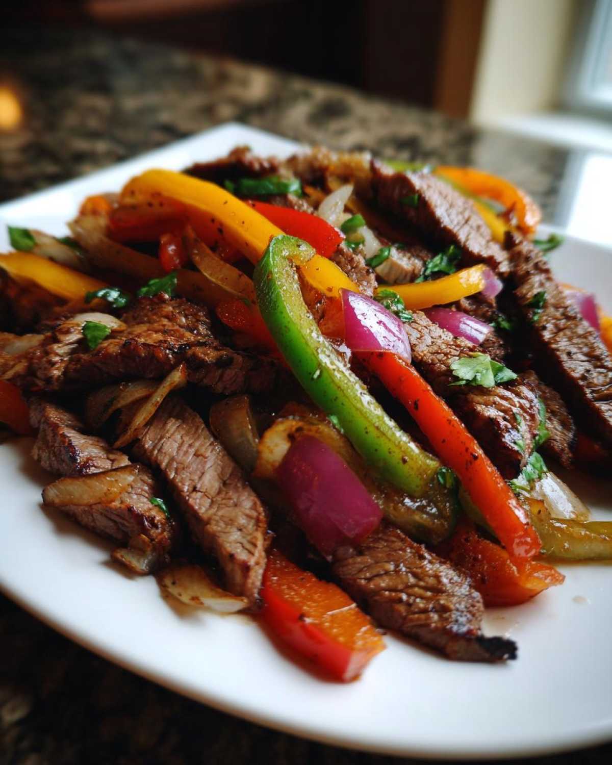 Close-up of perfectly cooked steak fajitas featuring sliced beef, colorful bell peppers, and red onions on a white plate.