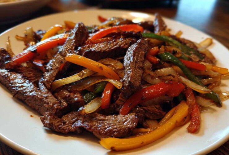 Close-up of perfectly cooked steak fajitas with colorful strips of red, yellow, and green peppers and caramelized onions on a white plate.