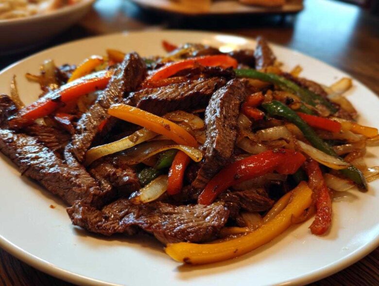 Close-up of perfectly cooked steak fajitas with colorful strips of red, yellow, and green peppers and caramelized onions on a white plate.