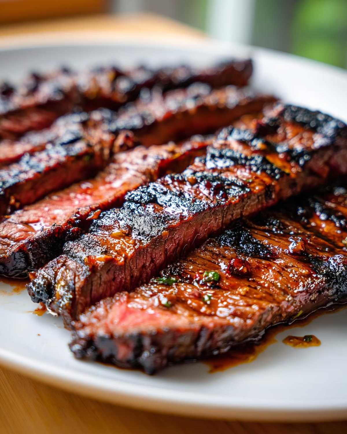Close-up of medium-rare steak slices coated in a rich sauce, showing the results of the carne asada marinade.