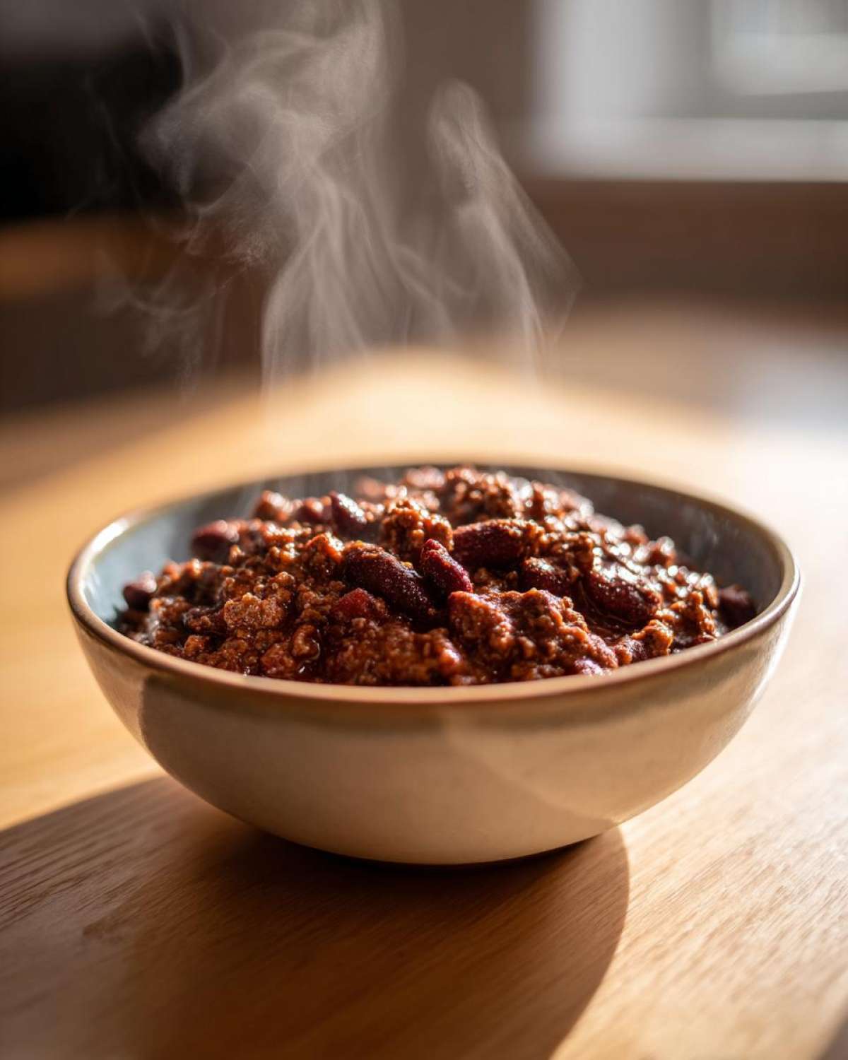 A steaming bowl of rich, meaty chili with kidney beans, showcasing the best chili recipe.