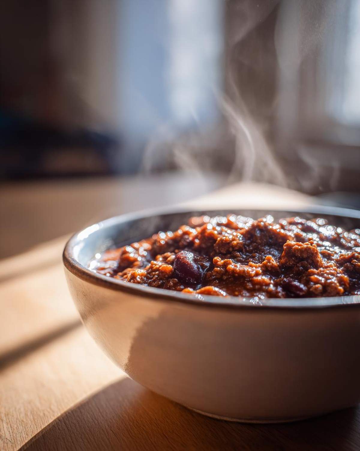Close-up of a steaming bowl of rich, hearty chili, showcasing the best chili recipe.