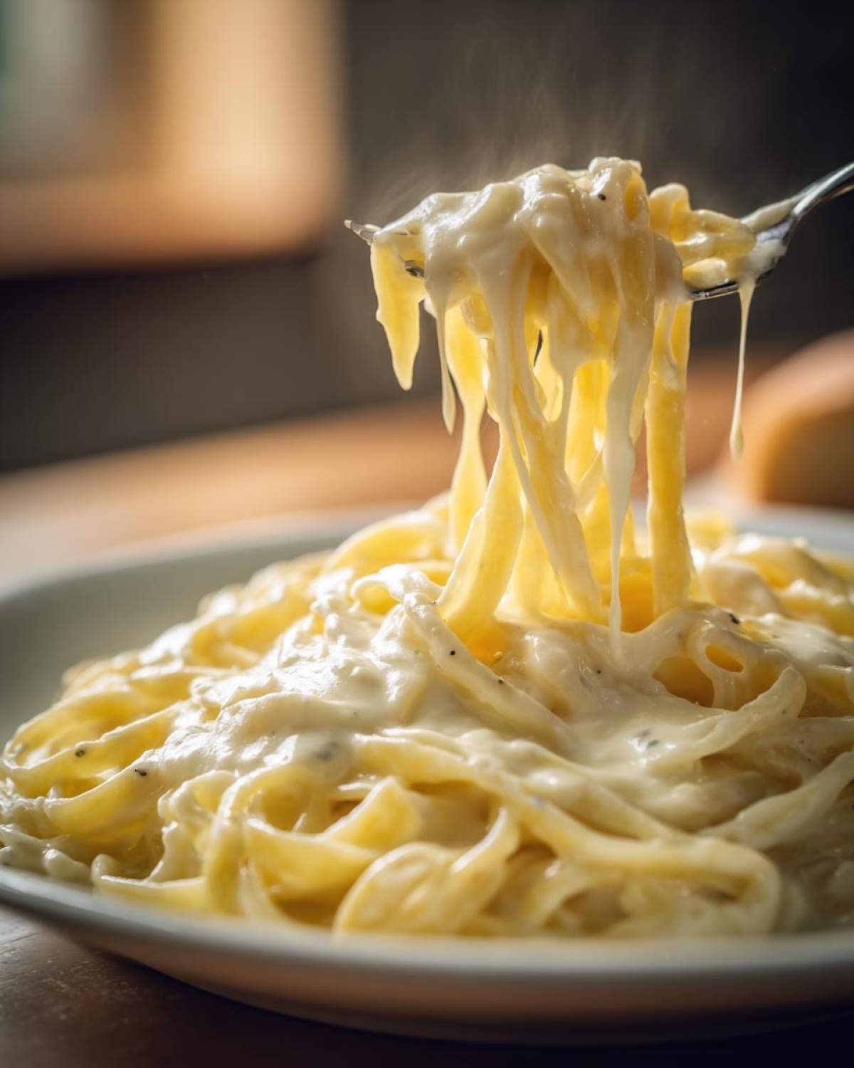 A fork lifting steaming fettuccine noodles coated heavily in creamy olive garden alfredo sauce.
