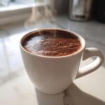 A close-up of a white mug filled with steaming, rich brown hot cocoa mix on a bright marble counter.