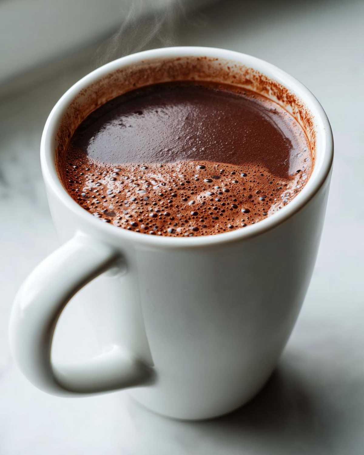 Close-up of a steaming white mug filled with rich, frothy hot cocoa made from hot cocoa mix.