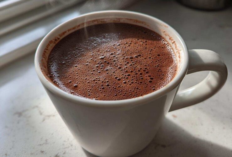 Close-up of a steaming white mug filled with rich, dark brown hot cocoa mix, bubbling slightly.