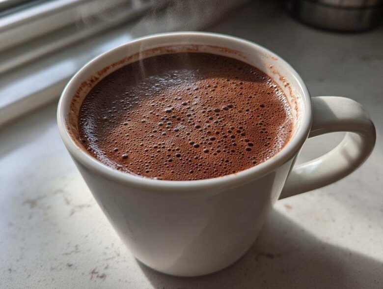 Close-up of a steaming white mug filled with rich, dark brown hot cocoa mix, bubbling slightly.