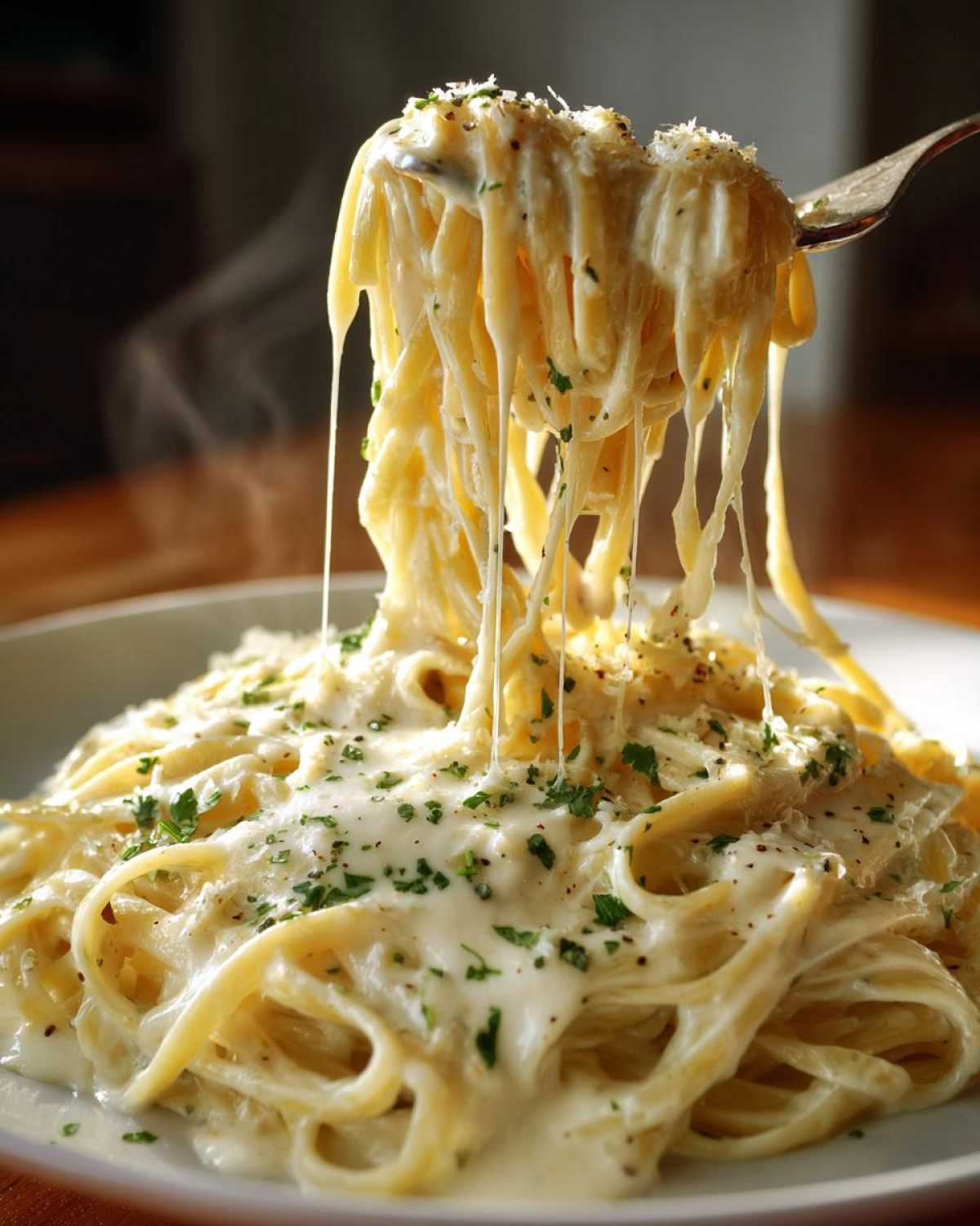 A fork lifts steaming fettuccine coated in creamy olive garden alfredo sauce, showing cheese pulls.