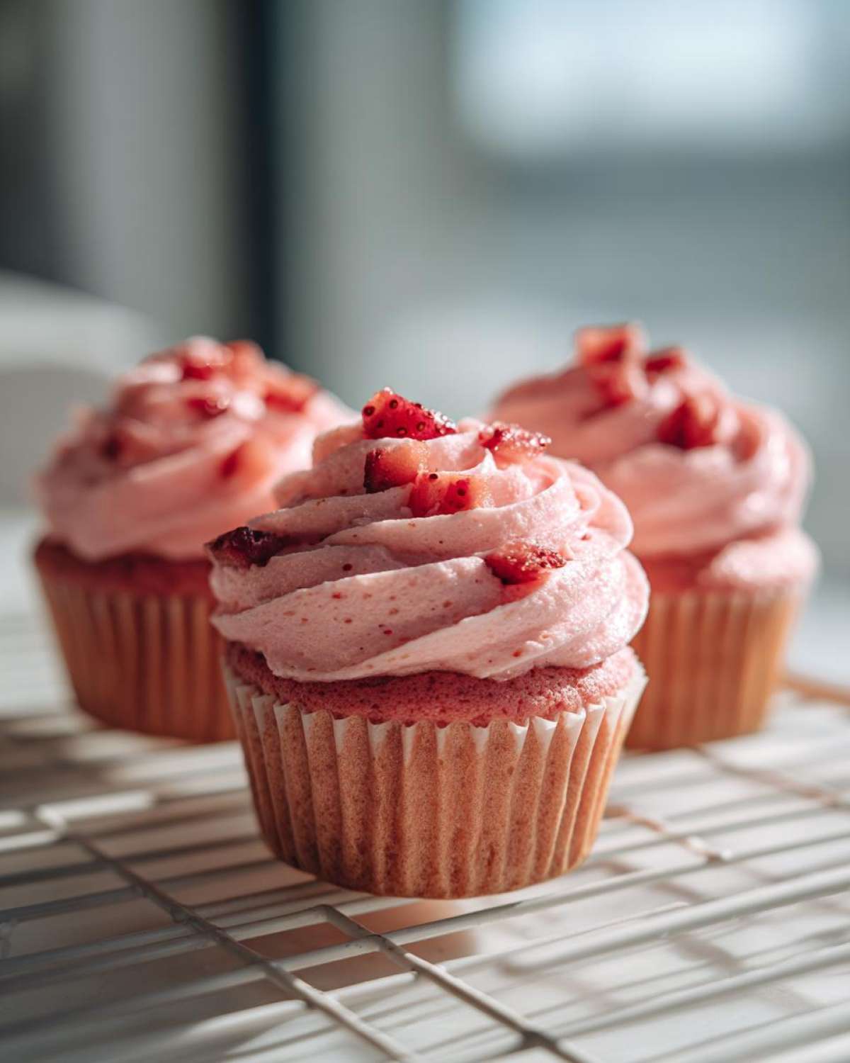 A close-up of one perfectly frosted strawberry cupcake topped with diced strawberries, with two more strawberry cupcakes blurred in the background.