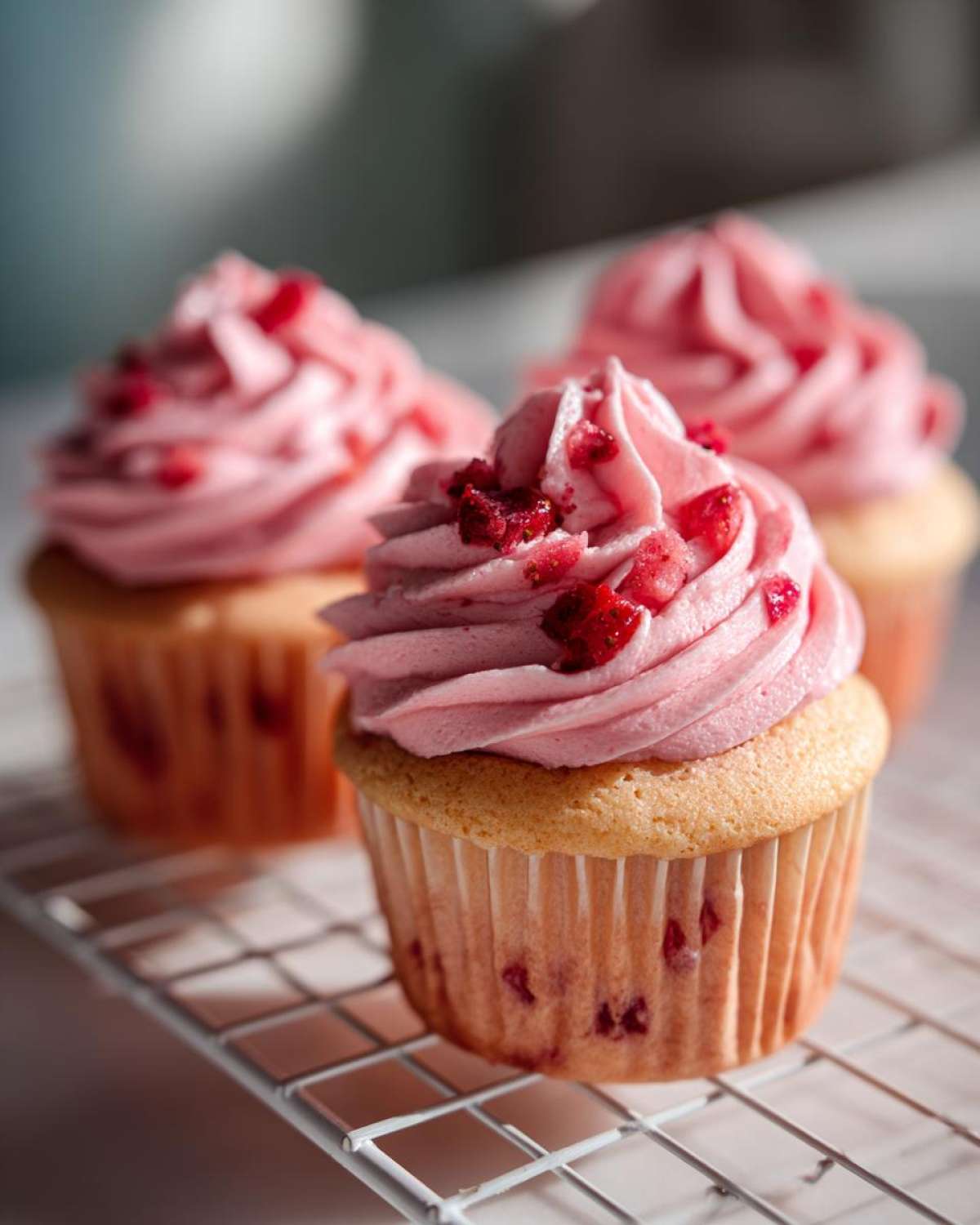 Three delicious strawberry cupcakes with bright pink frosting and dried strawberry pieces on top, resting on a cooling rack.